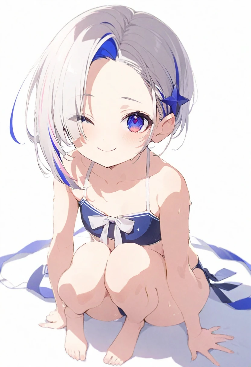 (muste piece), (best quality), very detailed eyes, expressive eyes, perfect face, very detailed face, highly detailed face, beautiful girl, 8K, beautiful girl, white background, delicate and beautiful face and eyes, dark intense shadow,
1 girl, vtuber style, cool girl, amane kanata, streaked hair, hair pulled back, sailor bikini, string bikini, small chest, cropped shoulders, clavicle, wet body, one eye close winking, smile, body visible through clothes, chest visible through clothes, ass visible through thighs, (full body), barefoot, naked thighs, sitting, open legs wide,