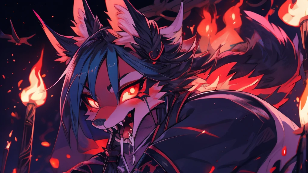 bat fruit girl add high definition_detail:1, blue fur,kitsune ears, tribal tattoo add_detail:1, in hell add_detail, devilish girl, batwigs agregar_detail Ferocious fangs, sharp teeth, Demon yokai kitsune, long snake tongue add_detail:1
