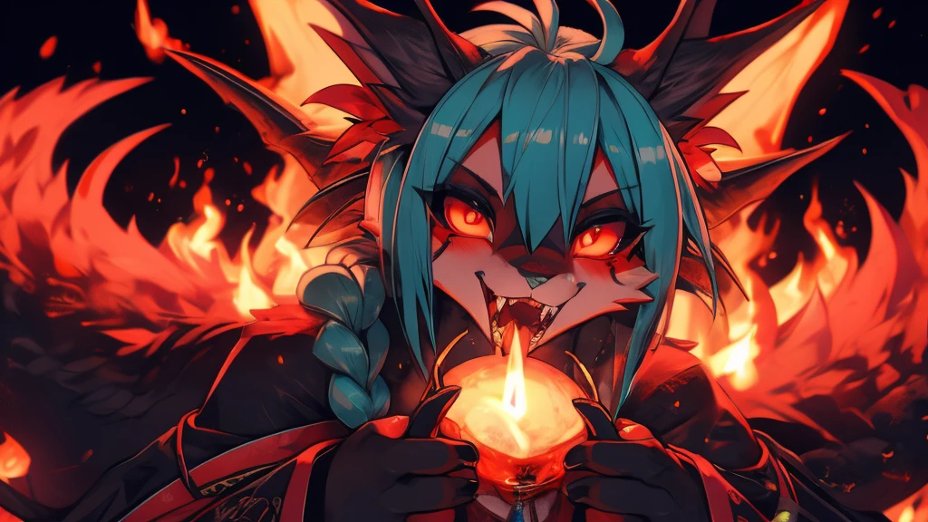 Miku Hatsune, agregar alta definición_detalle:1, pelaje azul,Orejas de Kitsune, tatuaje tribal agregar_detalle:1, in hell add_detail, diabolic girl, batwigns add_detail Ferocious fangs,drooling fangs add_detail:1, sharp fangs, demon yokai kitsune add_detail:1