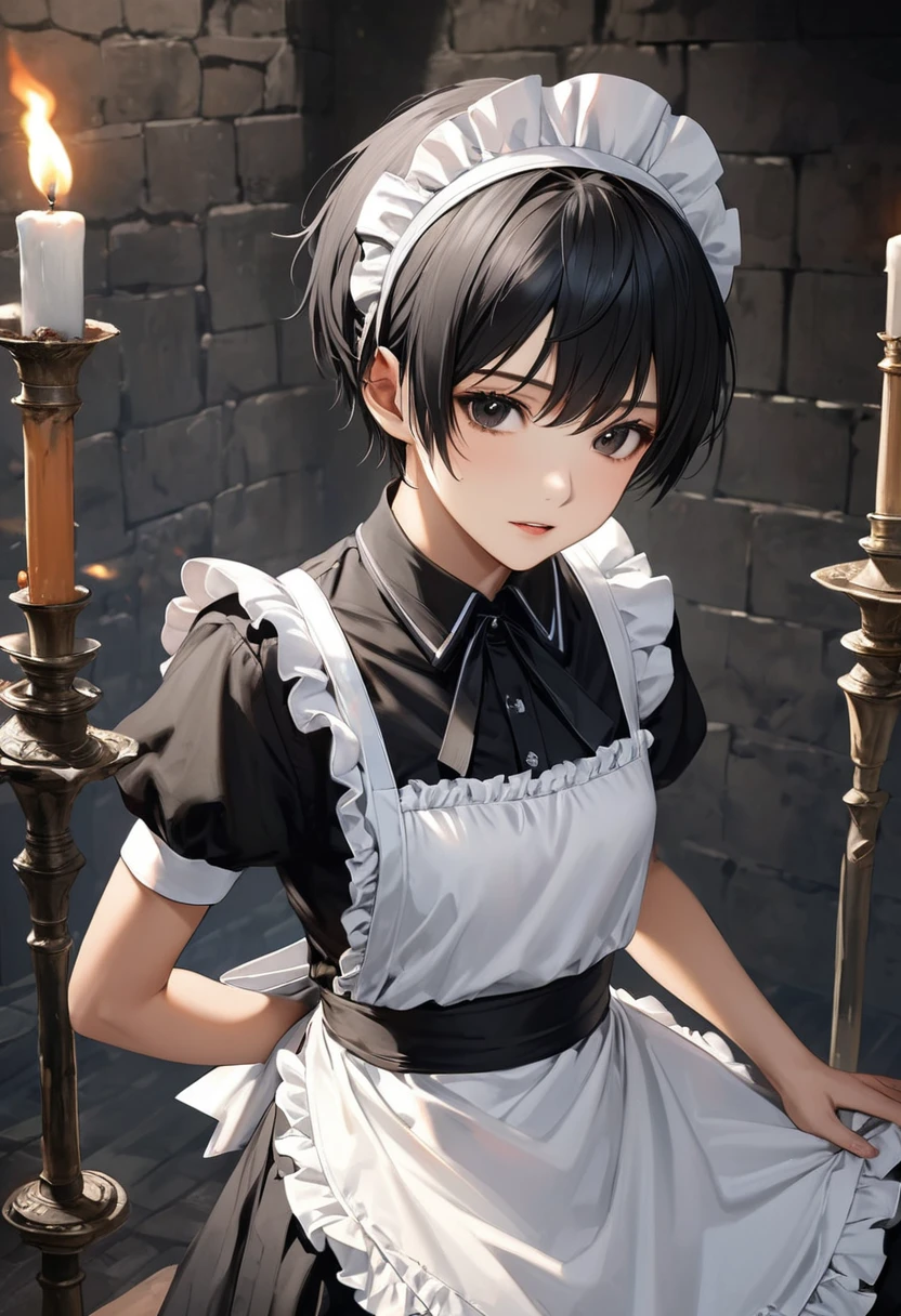 high quality, detailed, Realistic, ( japanese idol maid boy:1.3), (detailed black eyes), (black short hair), (shiny skin), dungeon, (apron), (head dress), (tiny thongs), (bulge:1.2), candle, (flat chest:1.2),