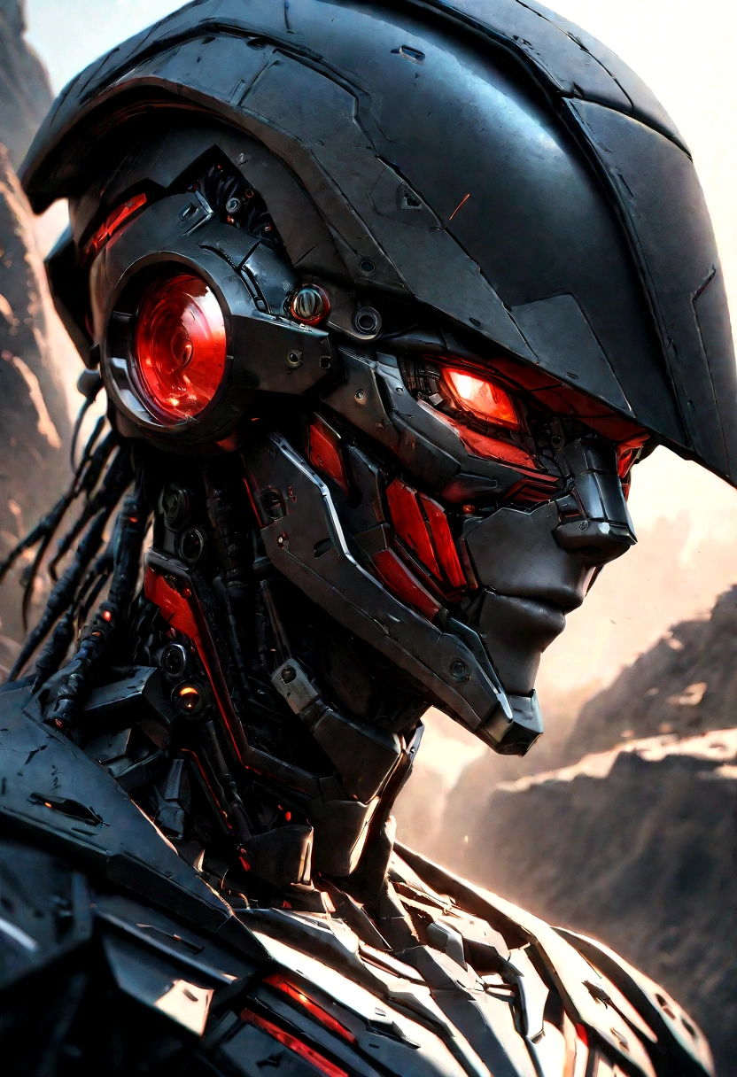 Sharpened man in black and red metallic armor with hood, detailed portrait of a cyborg, close-up portrait of cyborg, portrait of a futuristic robot, male cyborg military commander, attractive science fiction face, masculine appearance, portrait of cyborg, Futuristic Setting, portrait of a cyborg, cyborg portrait, portrait of a cyborg cyberpunk, male cyborg, in metallic black futuristic armor, olpntng style, Portrait of the gynoid robot Samus in Wasteland, perfect composition, beautiful detailed intricate insanely detailed octane render Tendências no ArtStation, 8k art photography, photorrealistic concept art, soft natural volumetric cinematic perfect light, Bright dark, rewarded photography, work of art, oil on canvas, perfect composition, beautiful detailed intricate insanely detailed octane render Tendências no ArtStation, 8k art photography, photorrealistic concept art, futuristic setting, soft natural volumetric cinematic perfect light, darkness background