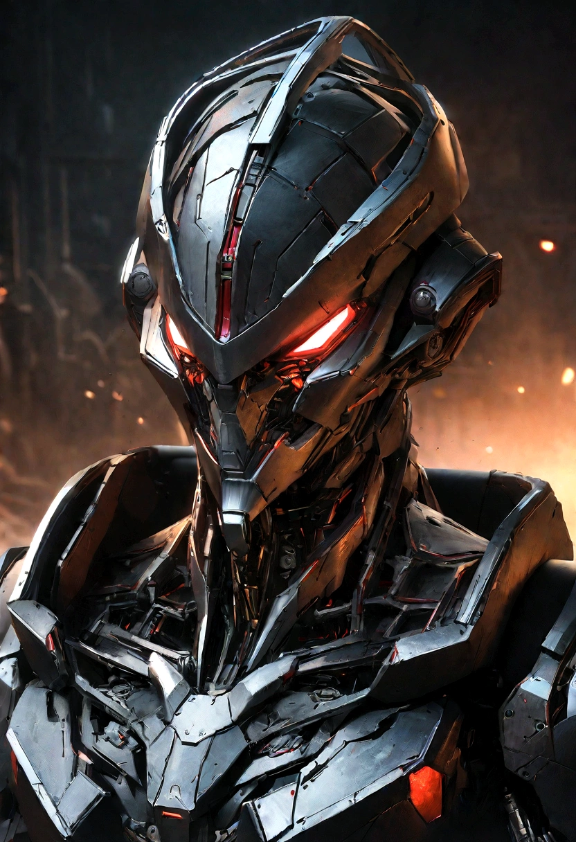 Sharpened man in black and red metallic armor with hood, detailed portrait of a cyborg, close-up portrait of cyborg, portrait of a futuristic robot, male cyborg military commander, attractive science fiction face, masculine appearance, portrait of cyborg, Futuristic Setting, portrait of a cyborg, cyborg portrait, portrait of a cyborg cyberpunk, male cyborg, in metallic black futuristic armor, olpntng style, Portrait of the gynoid robot Samus in Wasteland, perfect composition, beautiful detailed intricate insanely detailed octane render Tendências no ArtStation, 8k art photography, photorrealistic concept art, soft natural volumetric cinematic perfect light, Bright dark, rewarded photography, work of art, oil on canvas, perfect composition, beautiful detailed intricate insanely detailed octane render Tendências no ArtStation, 8k art photography, photorrealistic concept art, futuristic setting, soft natural volumetric cinematic perfect light, darkness background