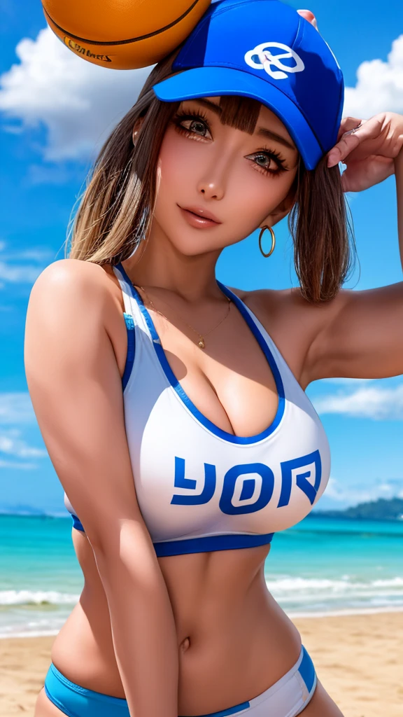 masterpiece, highest quality, pixiv, cool girl, the strongest sports girl, basketball, Popular Characters, baseball cap, Stylish sunglasses, Cute bra and panties, dull bangs, straight bangs, color contact lens eyes, gal, Improve、Soft Big Tits、Sandy Beach、blue sea、White coast、Tropical Sea、Gold body accessories、Beach Volleyball