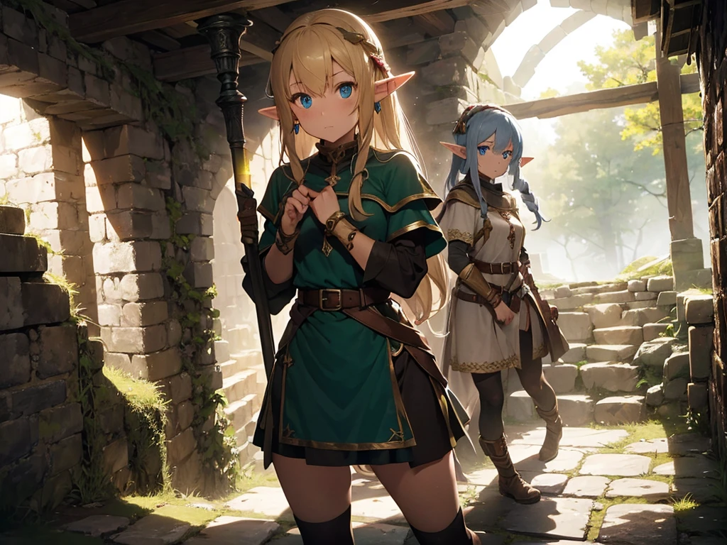 In the underground dungeon、((One female elf,Two Warriors)),Came down the stairs,Stone wall,Torch light,Be wary of your surroundings