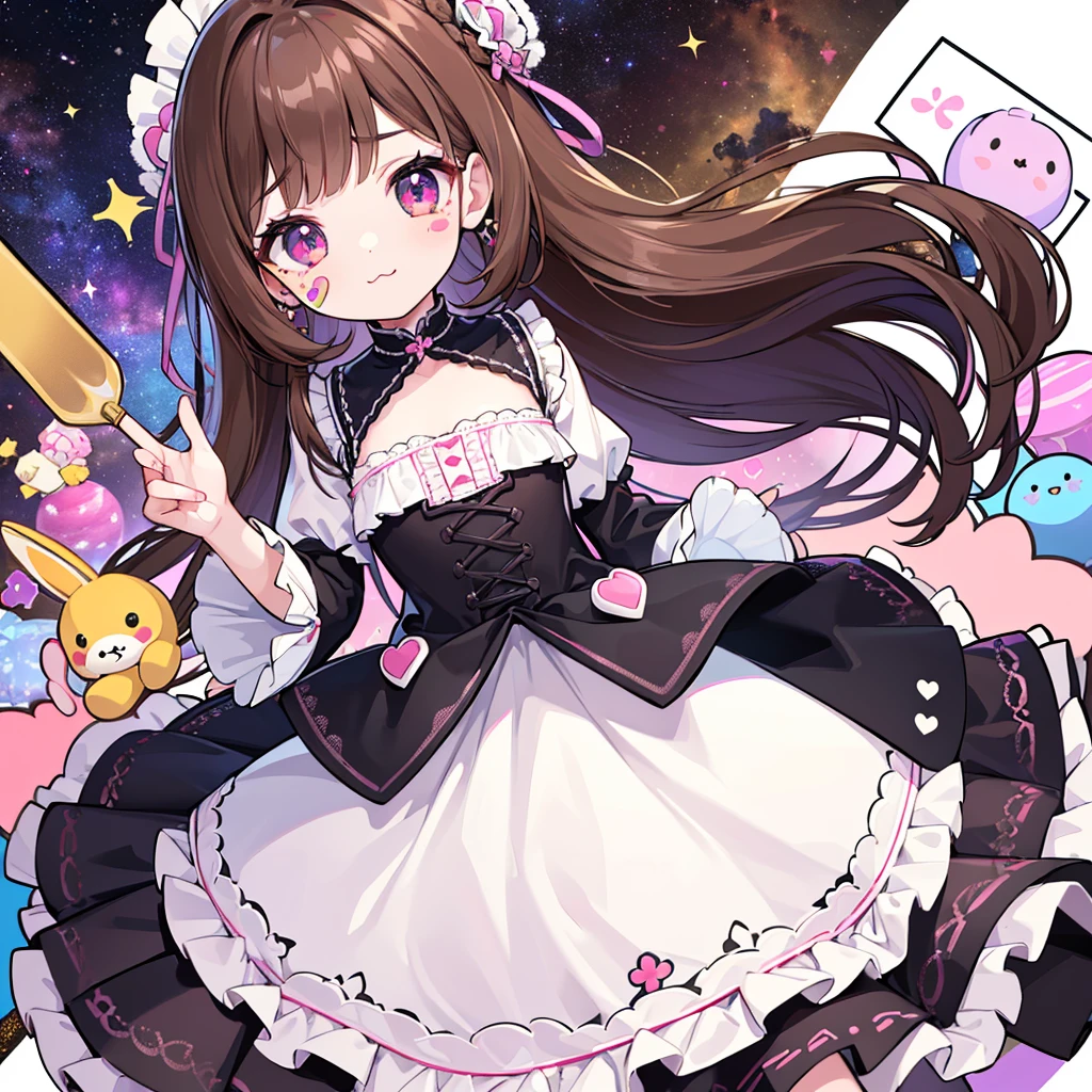 (table top), (highest quality), (Super detailed), (whole body: 1.2), 1 girl, Little, cute, troubled face,colorful background, pink, white gothic lolita clothing, blush, : 3, (braided hair),(banguri and, brown hair, (brown eyelash stickers, Bangortiful detailed face), (Beautiful and detailed eyelid body,cuteポーズ,(A space full of stuffed animals and toys)