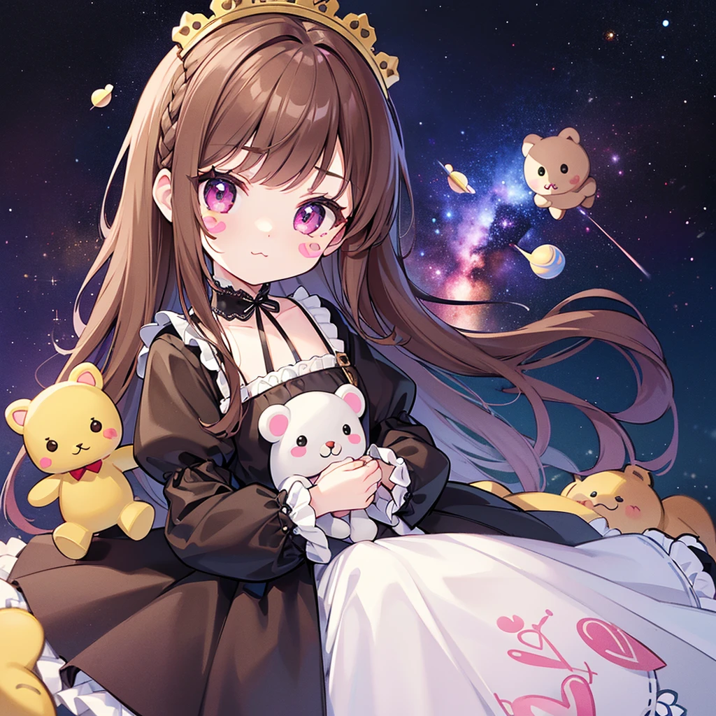 (table top), (highest quality), (Super detailed), (whole body: 1.2), 1 girl, Little, cute, troubled face,colorful background, pink, white gothic lolita clothing, blush, : 3, (braided hair),(banguri and, brown hair, (brown eyelash stickers, Bangortiful detailed face), (Beautiful and detailed eyelid body,cuteポーズ,(A space full of stuffed animals and toys)