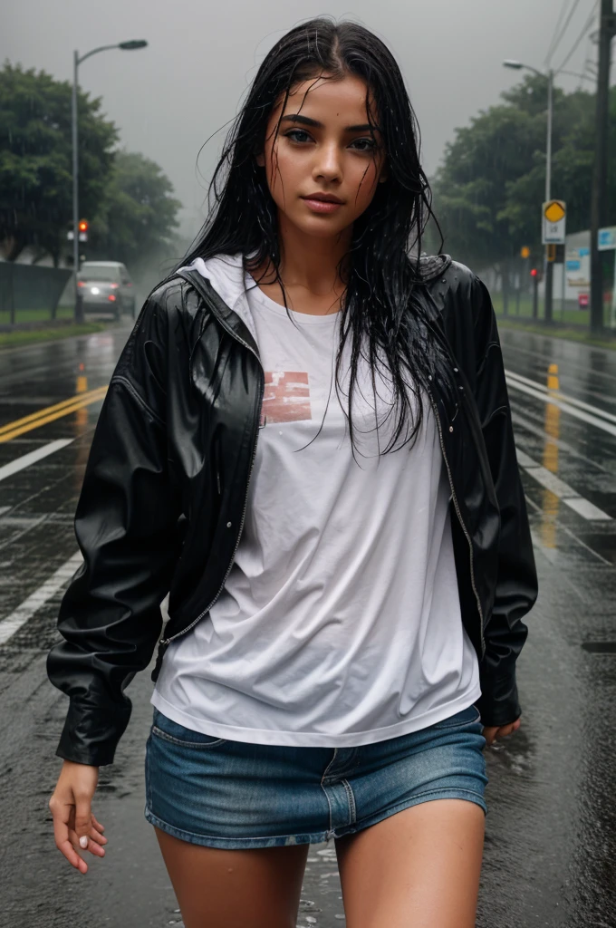Girl getting drenched in rain on the road ai hd images 