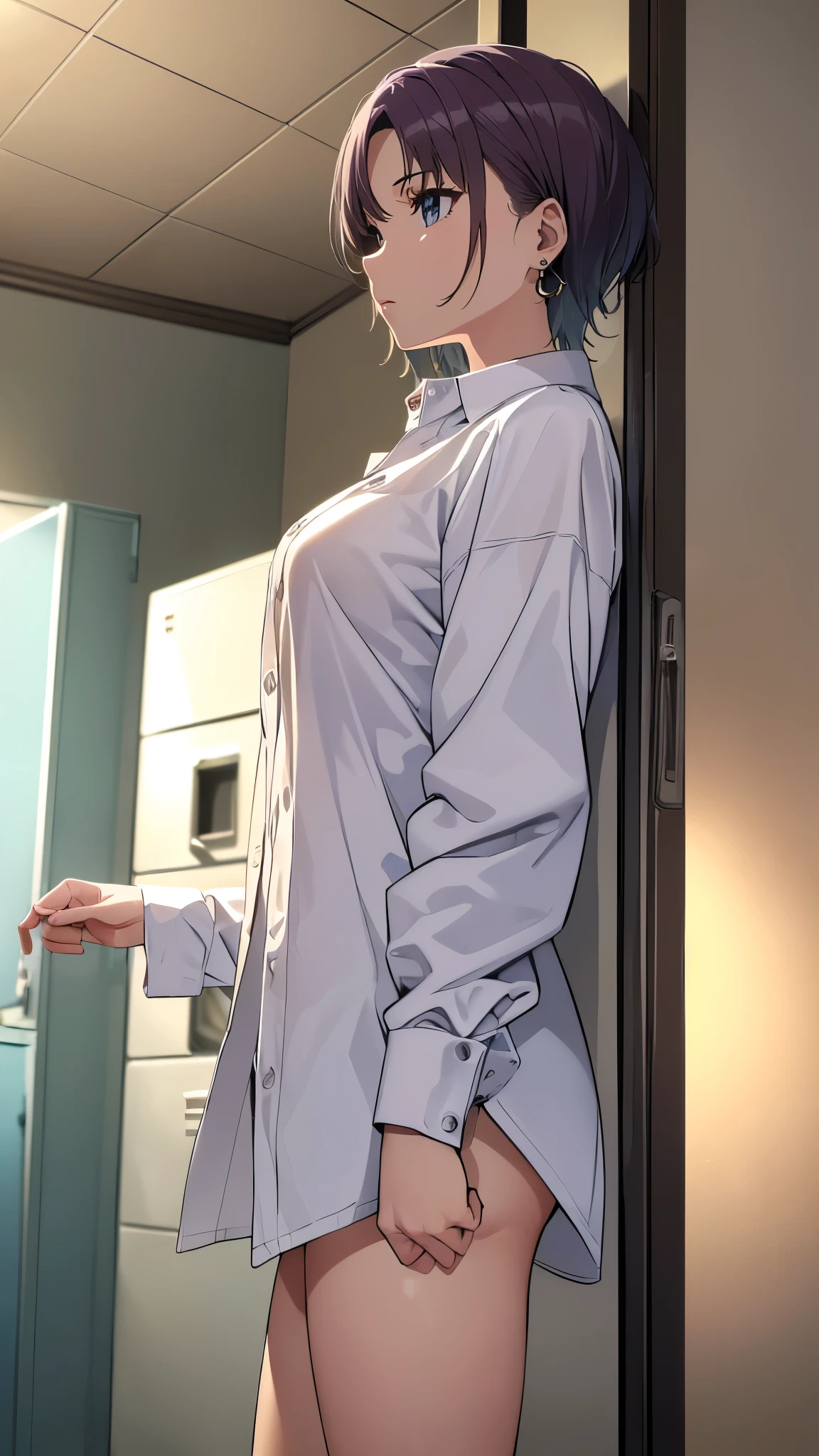 ((8K resolution))、((Highest quality))、((masterpiece))、((Very detailed))((((dramatic))), (Anatomically correct)、The depth of the object to write、spycam、(Toru Asakura、high school girl、Fair skin、Earrings、shirt、naked、pubic hair)、locker room