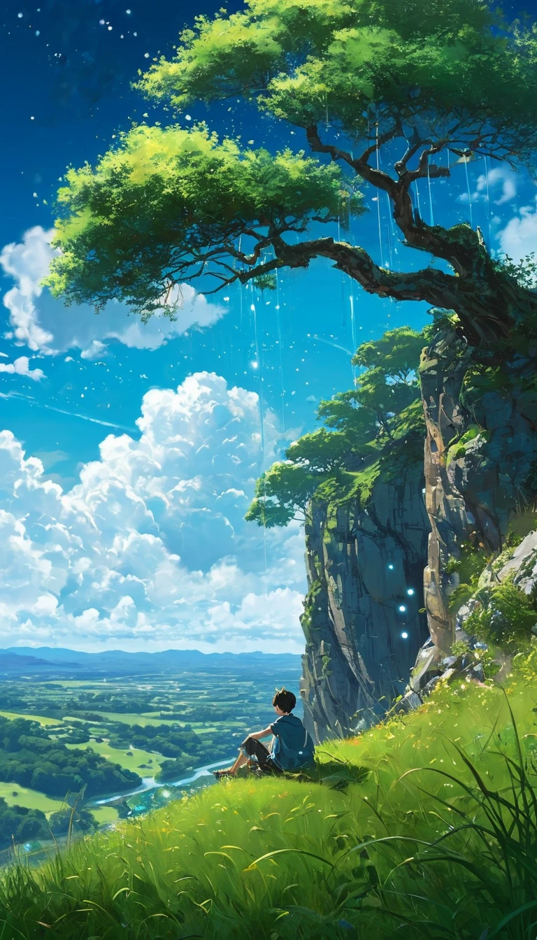 a boy sitting under a tree near a cliff in a meadow , seeing a vast blue sky with fluffy clouds and brush strokes , tall grasses stones, , makoto shinkai cyril rolando, anime art wallpaper 4k, anime art wallpaper 4k, animated background, anime art wallpaper 8K, animated background art, Anime Landscape Wallpaper, amazing wallpaper, HD wallpaper, 4k anime wallpaper, 4k anime wallpaper, Aries Moross art,art by Bob Byerley , AshleyWoodArtAI, greg rutkowski(brokeh effect)(bright blue sky)(shinning dots)(glowing fireflies)