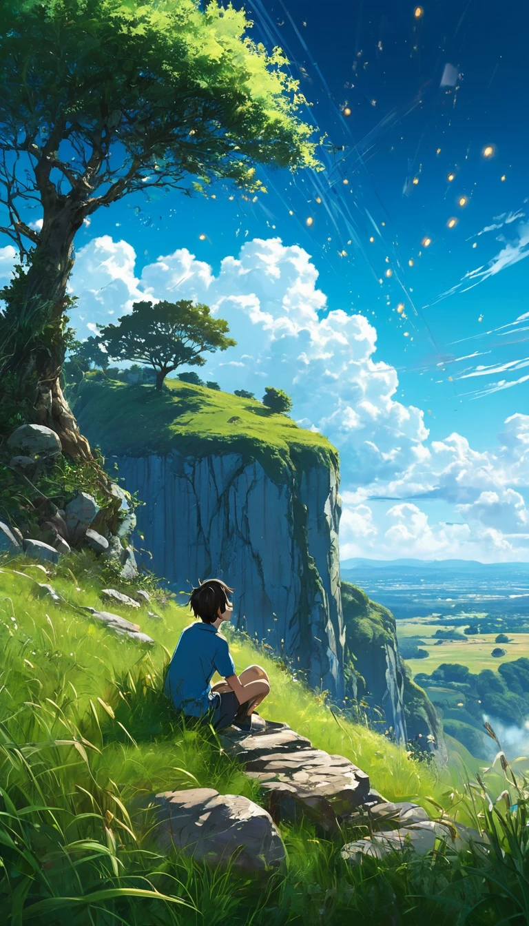 a boy sitting under a tree near a cliff in a meadow , seeing a vast blue sky with fluffy clouds and brush strokes , tall grasses stones, , makoto shinkai cyril rolando, anime art wallpaper 4k, anime art wallpaper 4k, animated background, anime art wallpaper 8K, animated background art, Anime Landscape Wallpaper, amazing wallpaper, HD wallpaper, 4k anime wallpaper, 4k anime wallpaper, Aries Moross art,art by Bob Byerley , AshleyWoodArtAI, greg rutkowski(brokeh effect)(bright blue sky)(shinning dots)(glowing fireflies)