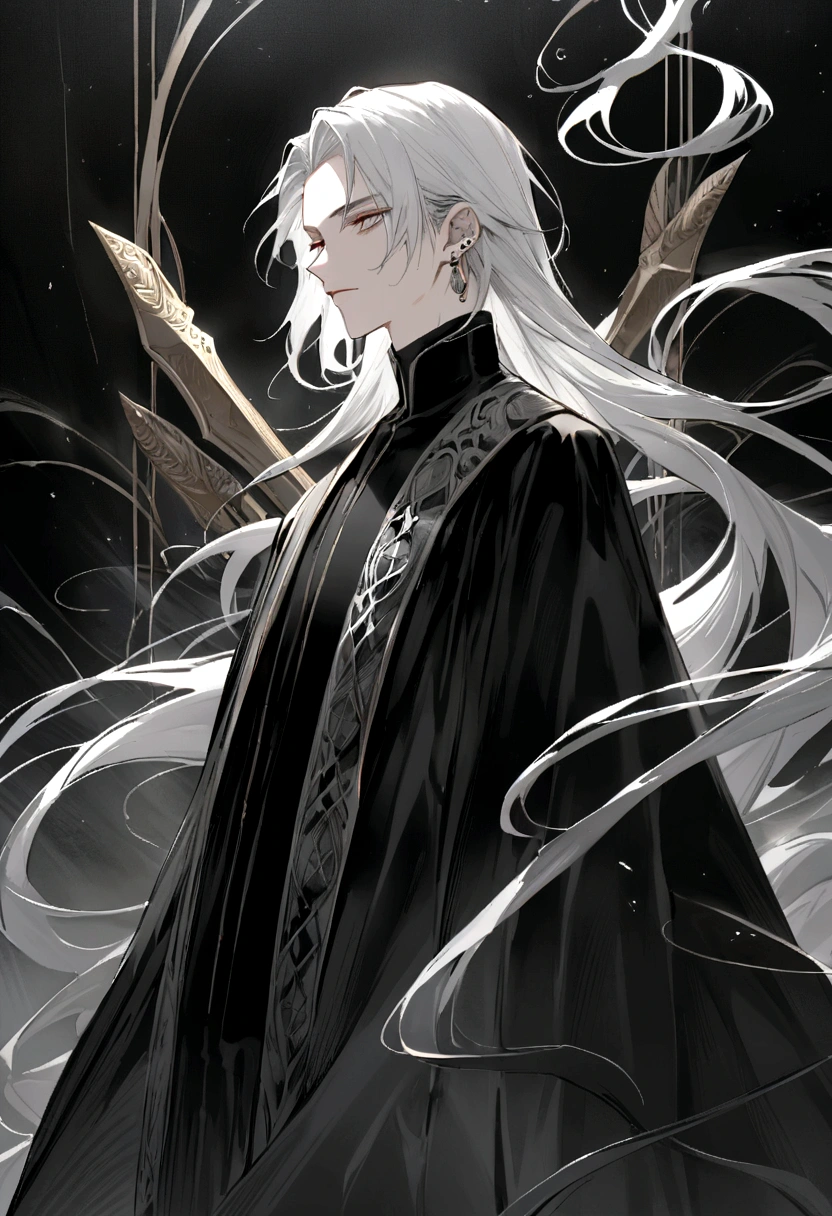 Ethereal silver-haired youth, tall and lean, clad in flowing black robes, wields a gleaming katana, his piercing gaze commanding the elements, wind swirling around him as he vanquishes his foes with grace and precision who is male and
