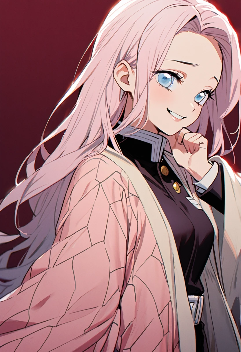 1 pretty girl in kimetsu no yaiba style, long hair, light pink hair, light blue eyes, demon hunter uniform,pink and white haori,(flat breasts),hand on chin, face tilted to the side, Grinning,dark red background 