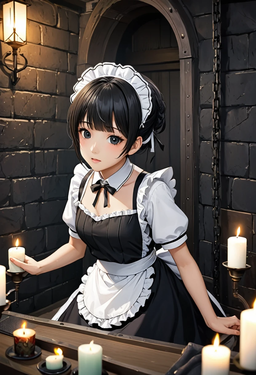 high quality, detailed, Realistic, (18 years old japanese idol maid boy:1.3), (detailed black eyes), (black short hair),  (shiny skin), dungeon, (apron), (head dress), (tiny thongs), (bulge:1.2), candle, (flex chest),