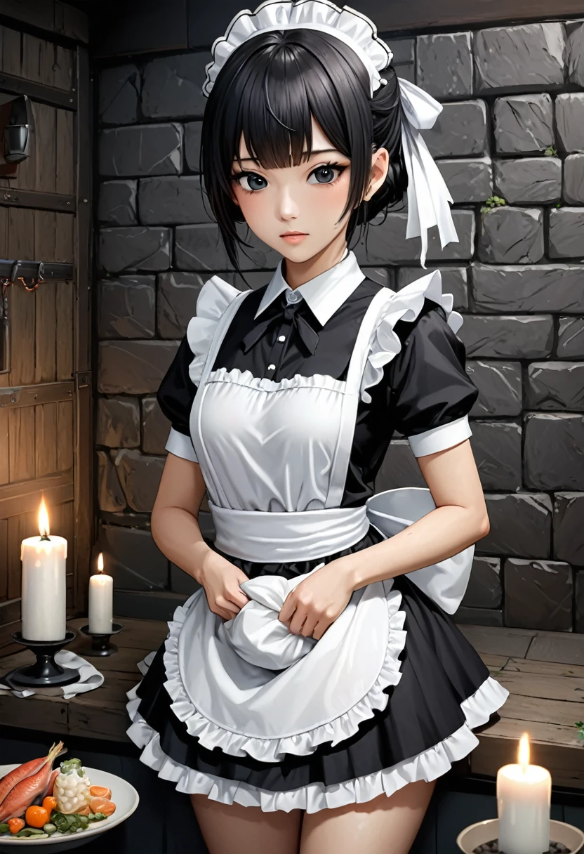 high quality, detailed, Realistic, (18 years old japanese idol maid boy:1.3), (detailed black eyes), (black short hair),  (shiny skin), dungeon, (apron), (head dress), (tiny thongs), (bulge:1.2), candle, (flex chest),