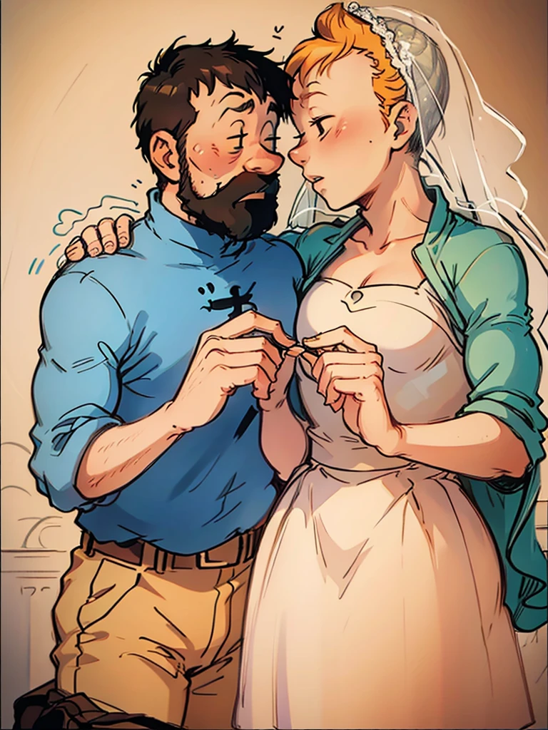 The wedding of Tintin and Captain Haddock from Hergé's comics in delicate pastel colors.