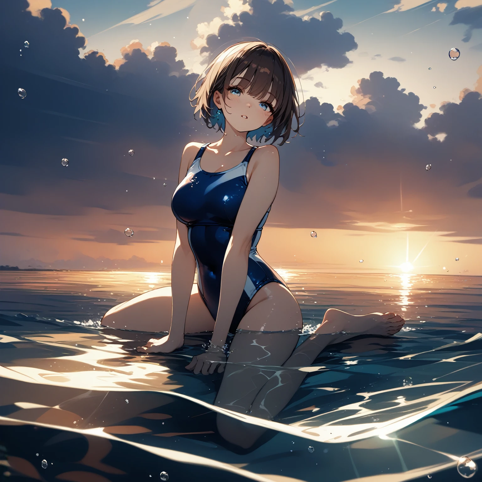 One girl、Brown short hair、Disorganized hair and bangs、blue eyes、Navy blue swimsuit、Ocean、Oceanに浸かる、Underwater、evening、Reflection on the surface of the water、透明なOcean、Deep and faint light 、 Detailed CG、(((High resolution)))、