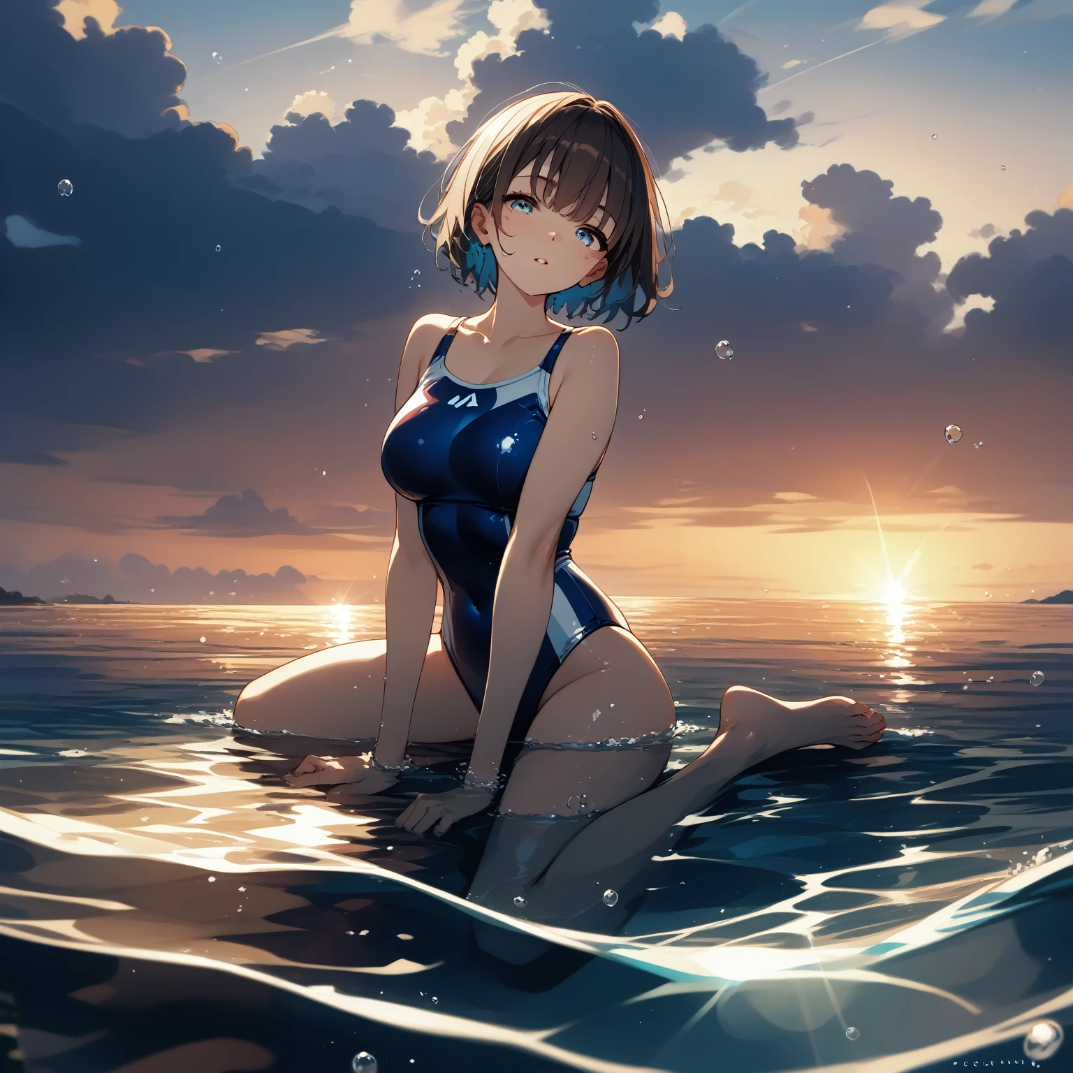 One girl、Brown short hair、Disorganized hair and bangs、blue eyes、Navy blue swimsuit、Ocean、Oceanに浸かる、Underwater、evening、Reflection on the surface of the water、透明なOcean、Deep and faint light 、 Detailed CG、(((High resolution)))、