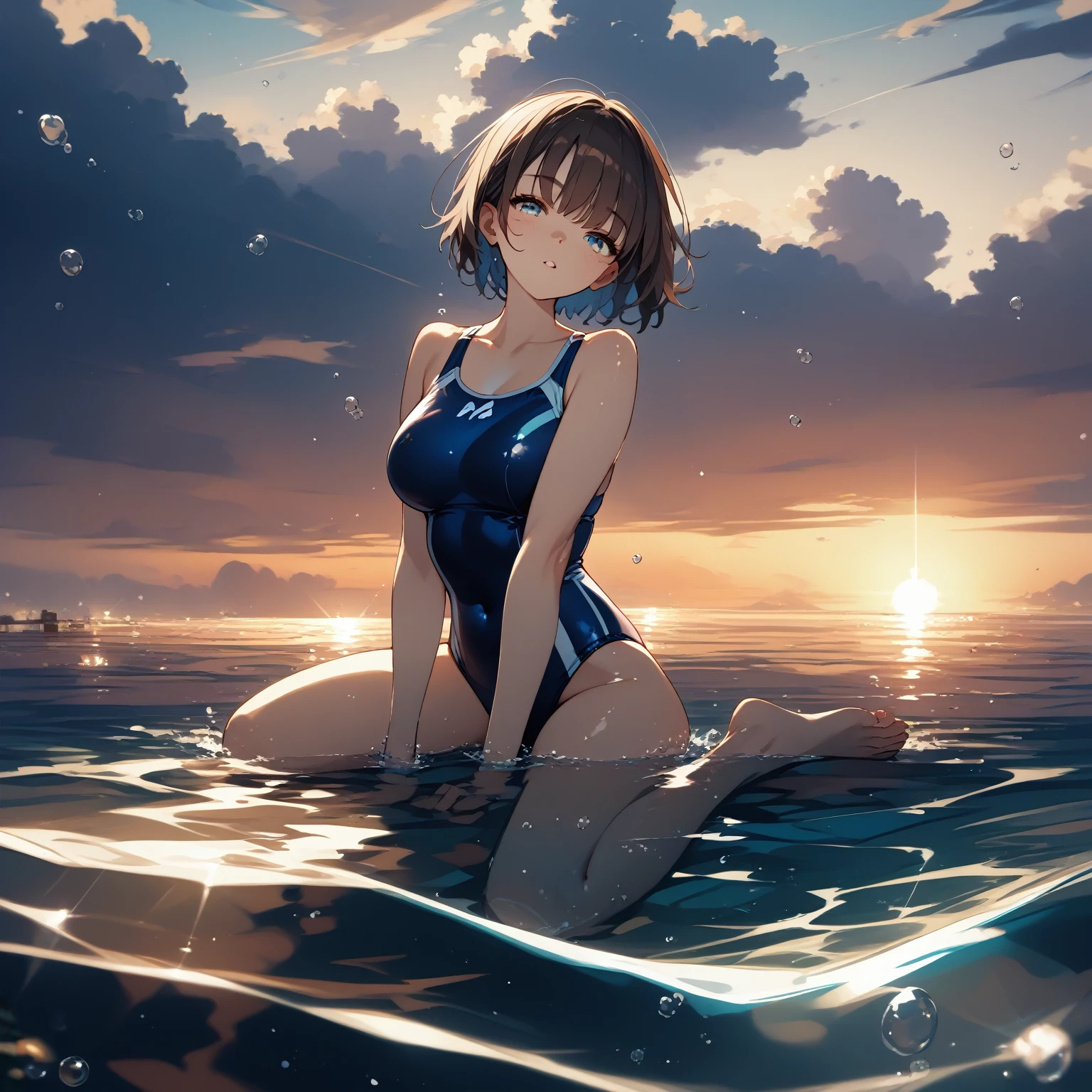 One girl、Brown short hair、Disorganized hair and bangs、blue eyes、Navy blue swimsuit、Ocean、Oceanに浸かる、Underwater、evening、Reflection on the surface of the water、透明なOcean、Deep and faint light 、 Detailed CG、(((High resolution)))、