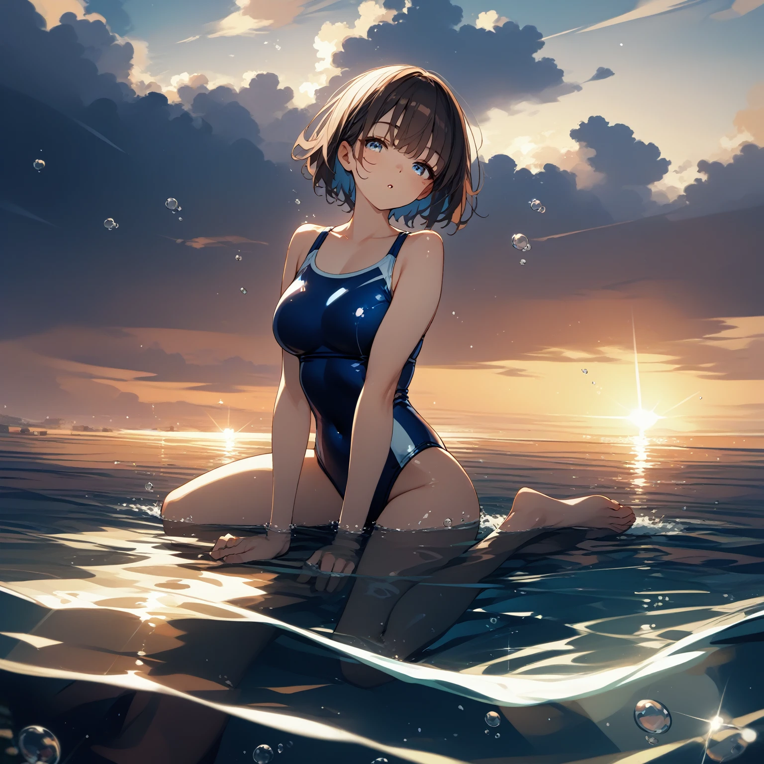 One girl、Brown short hair、Disorganized hair and bangs、blue eyes、Navy blue swimsuit、Ocean、Oceanに浸かる、Underwater、evening、Reflection on the surface of the water、透明なOcean、Deep and faint light 、 Detailed CG、(((High resolution)))、