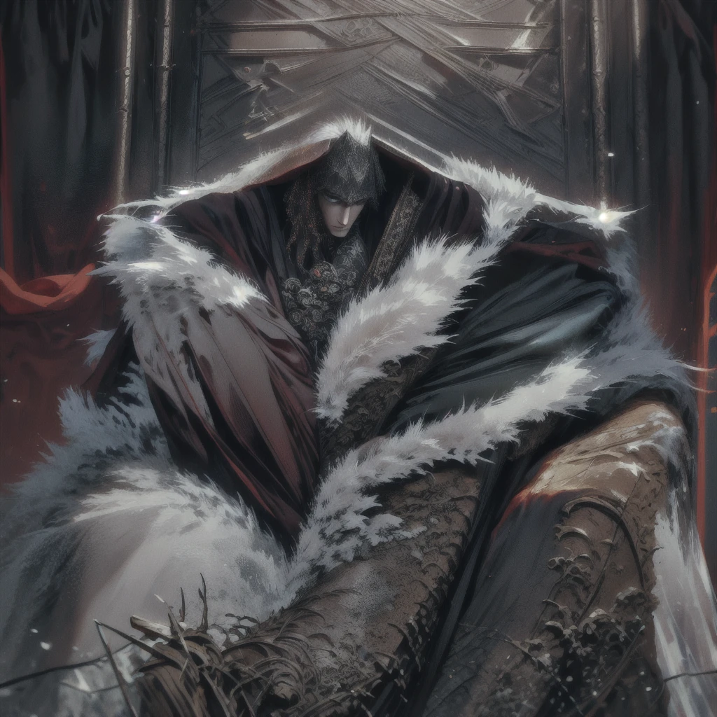 (Very detailed), (Masterpiece), (best quality), (wallpaper 8k Very detailed), Masterpiece,Very detailed,ice throne, Fantasy, Realistic photos, hyperrealism, Highly detailed, movie light, man wearing black armor,long black fur shawl((fur black)) ,Face details, sharp details, black short hair, blue eyes,have muscles, handsome face,
,a man in black armor sitting on an white ice throne, detailed face and muscles, long black fur shawl((fur black)) , sharp details, fantasy, realistic, hyperrealism, movie lighting, 8k, best quality, masterpiece,snow, ice, ice throne, spiky throne, crystal throne, sitting