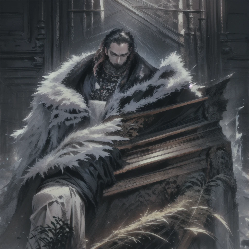   (Very detailed), (Masterpiece), (best quality), (wallpaper 8k Very detailed), Masterpiece,Very detailed,ice throne, Fantasy, Realistic photos, hyperrealism, Highly detailed, movie light, man wearing black armor,long black fur shawl((fur  black)) ,Face details, sharp details, black short hair, blue eyes,have muscles, handsome face,
,a man in black armor sitting on an white ice throne, detailed face and muscles, long black fur shawl((fur black)) , sharp details, fantasy, realistic, hyperrealism, movie lighting, 8k, best quality, masterpiece,snow, ice, ice throne, spiky throne, crystal throne, sitting
