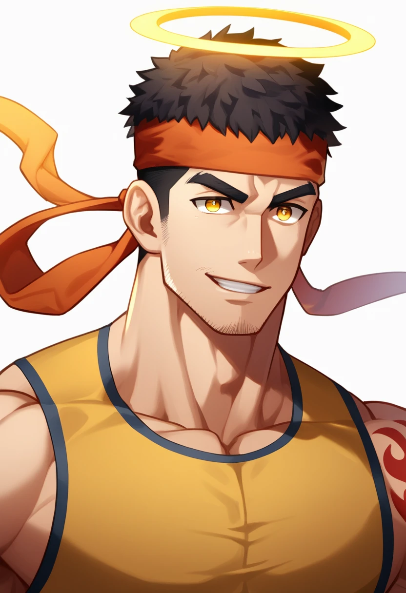 anime characters:Gyee, ung muscular man, male focus, Flame tattoo, sports Red headband, Dark Yellow spandex tight tank top, Very tight, muscular male, muscular, Round, firm and full chest muscles, only, Upper body, alone, Black short hair, Thick eyebrows, stubble, Yellow eyes, White background, simple background, amazing quality, best aesthetics, Ridiculous, bright pupils, crew cut, naughty face, torogao, parted lips, halo, god rays, best quality