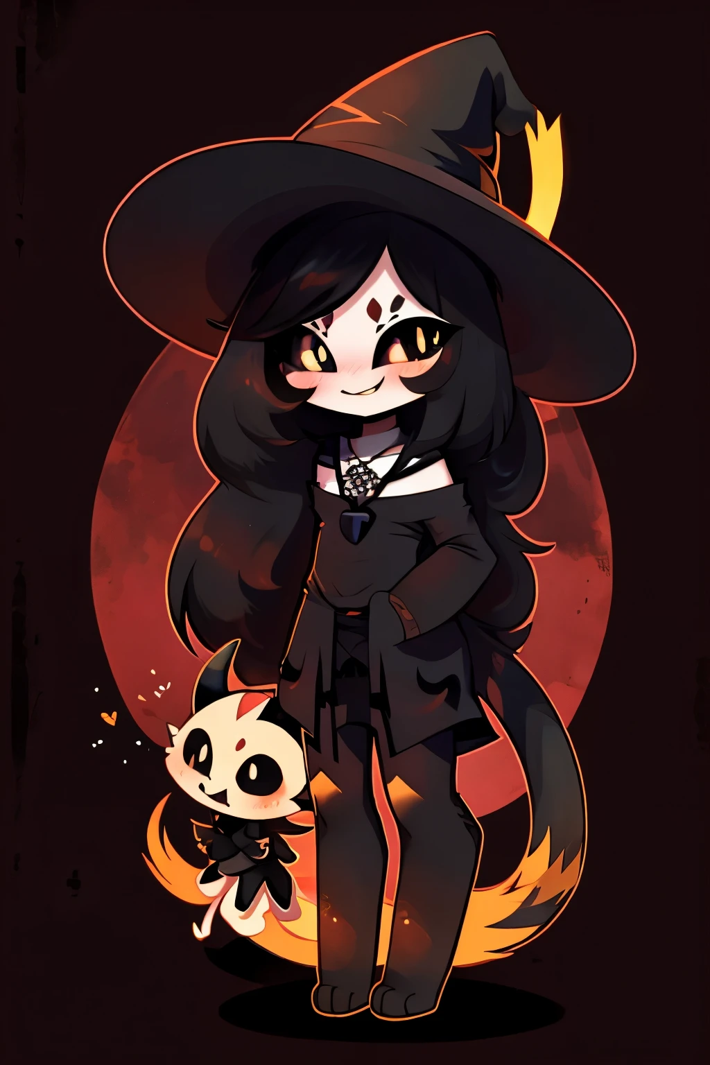 source_anime, male, flat chest, pointy ears, multiple eyes, emo, gothic, witch hat, black clothing, black necklace, solo, light skin, horn, black sclera, yellow pupils, arachnoid, demon tail, (chibi:1.1), black hair, long hair, cute pose, blushing, smiling