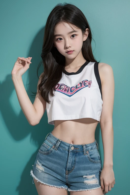 Wear crop tops,Big elementary school student in shorts,Hands over chest,side