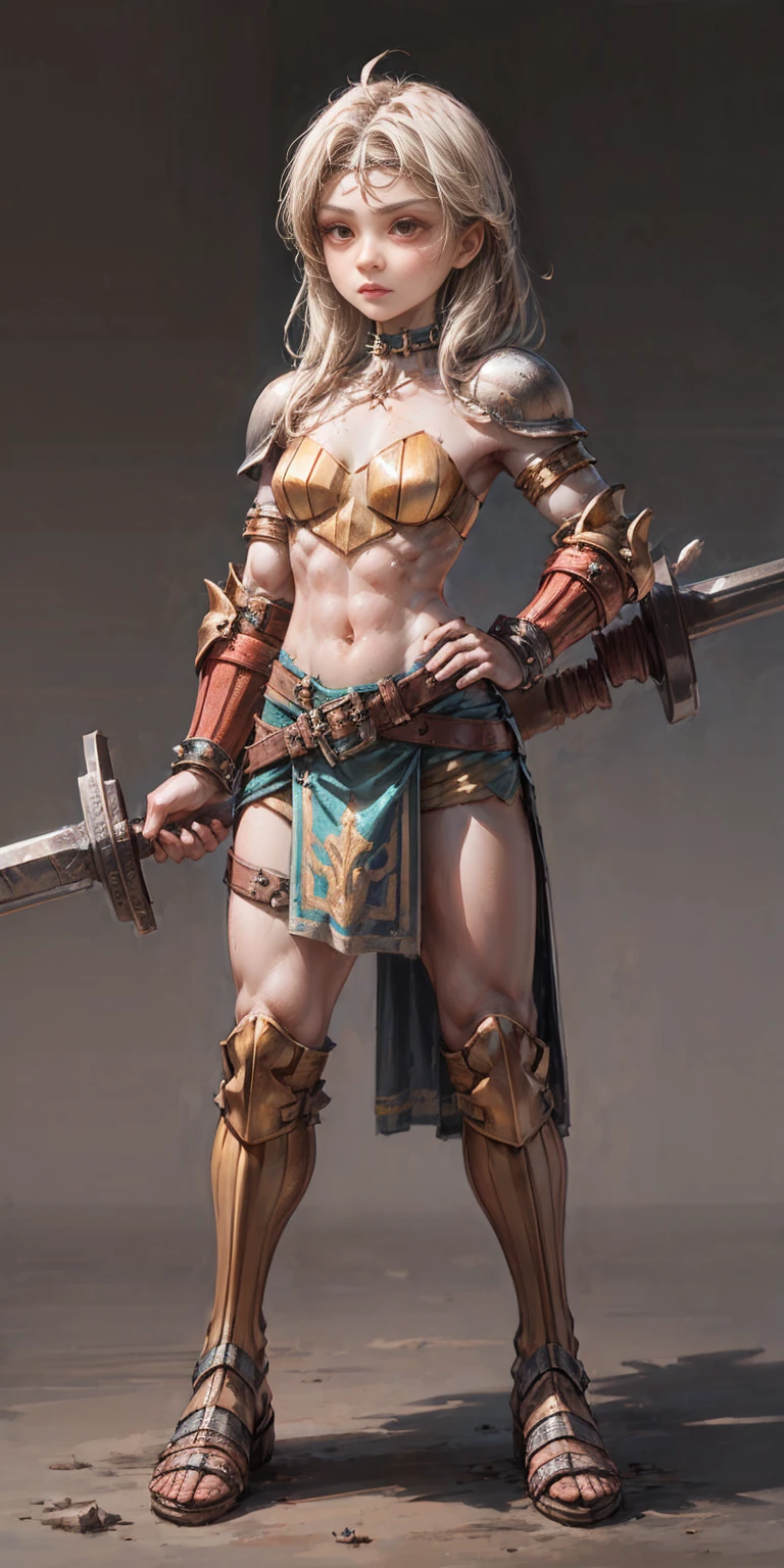 Subject:

1 Solo Female Gladiator
Pose:

Full body, whole body
Standing tall, hands on hips (conveying confidence)
Feet together, conveying a strong stance
View from slightly below, emphasizing her power
Clothing and Armor:

Loincloth (detailed and well-crafted, showcasing her warrior status)
Metal sandals, sturdy and battle-worn
Leather choker, adorned with a gladiator emblem or small spikes (optional)
Big belt, holding additional weapons or pouches (optional)
Bracers on forearms, for protection
Jewelry:

Tiara (can be simple and battle-ready, or adorned with feathers or gladiator symbols)
Additional Details:

Strong, defined muscles
Determined expression on her face
Optional: scars or other battle marks that tell a story of her victories