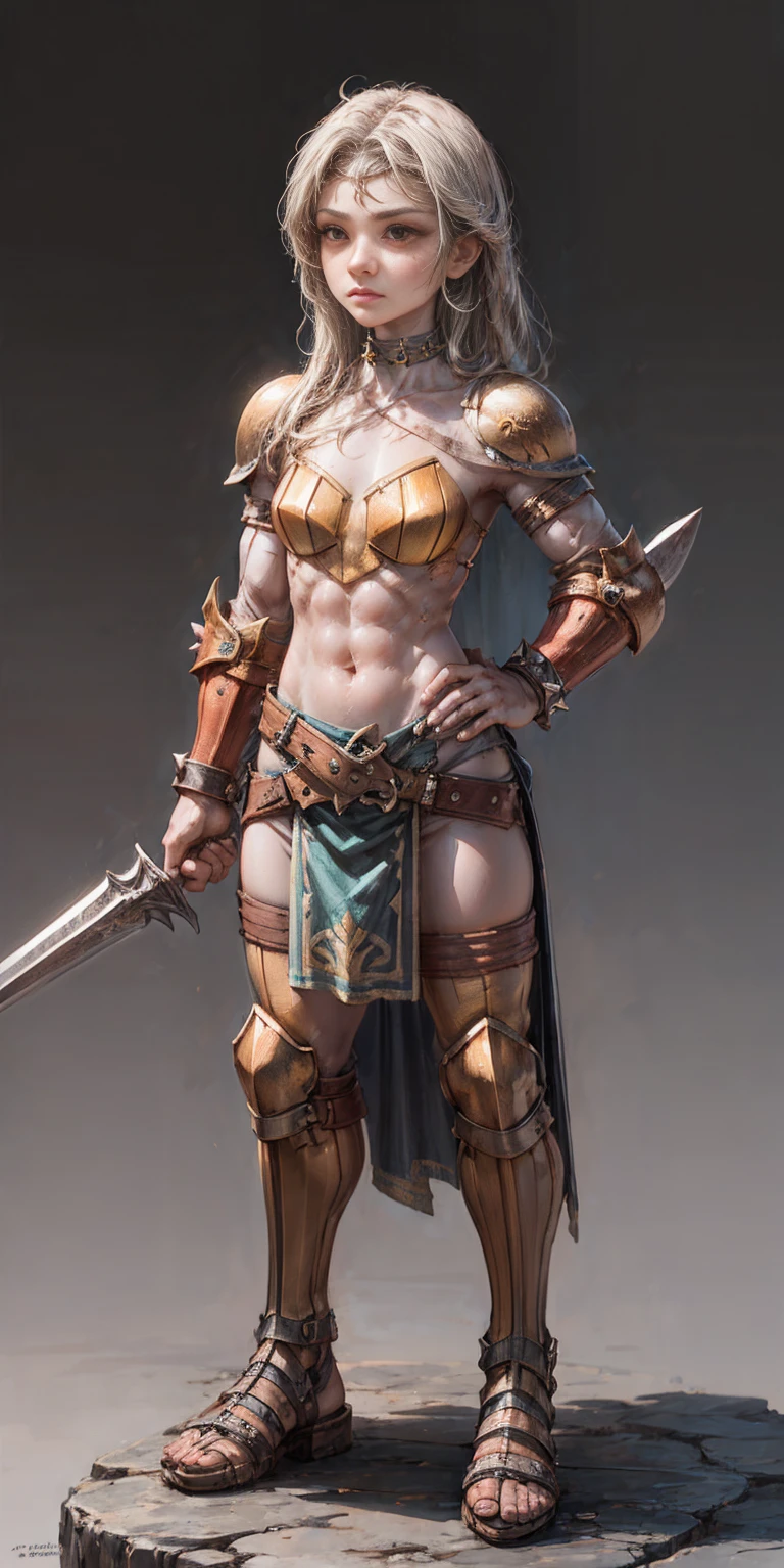 Subject:

1 Solo Female Gladiator
Pose:

Full body, whole body
Standing tall, hands on hips (conveying confidence)
Feet together, conveying a strong stance
View from slightly below, emphasizing her power
Clothing and Armor:

Loincloth (detailed and well-crafted, showcasing her warrior status)
Metal sandals, sturdy and battle-worn
Leather choker, adorned with a gladiator emblem or small spikes (optional)
Big belt, holding additional weapons or pouches (optional)
Bracers on forearms, for protection
Jewelry:

Tiara (can be simple and battle-ready, or adorned with feathers or gladiator symbols)
Additional Details:

Strong, defined muscles
Determined expression on her face
Optional: scars or other battle marks that tell a story of her victories