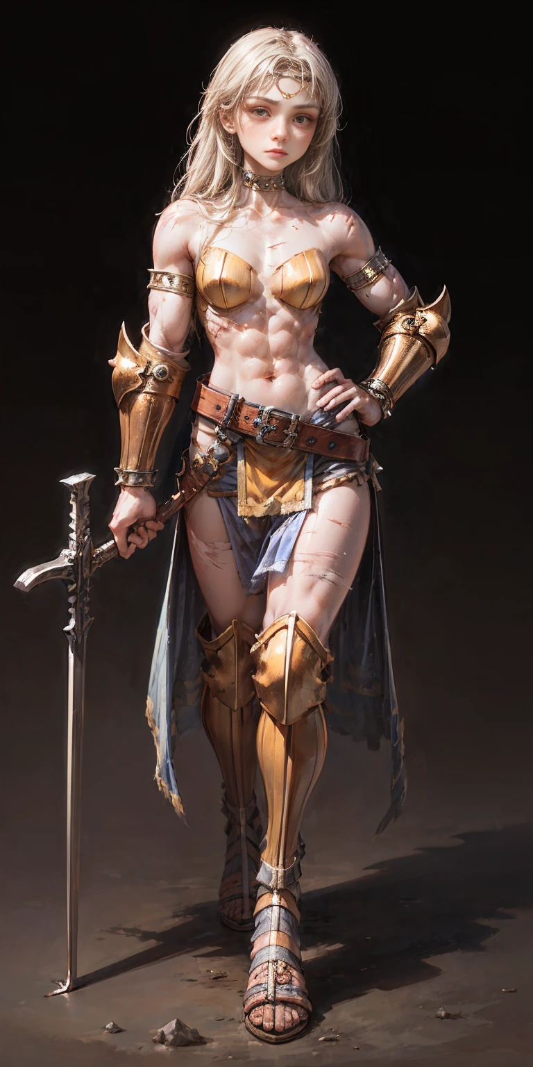 Subject:

1 Solo Female Gladiator
Pose:

Full body, whole body
Standing tall, hands on hips (conveying confidence)
Feet together, conveying a strong stance
View from slightly below, emphasizing her power
Clothing and Armor:

Loincloth (detailed and well-crafted, showcasing her warrior status)
Metal sandals, sturdy and battle-worn
Leather choker, adorned with a gladiator emblem or small spikes (optional)
Big belt, holding additional weapons or pouches (optional)
Bracers on forearms, for protection
Jewelry:

Tiara (can be simple and battle-ready, or adorned with feathers or gladiator symbols)
Additional Details:

Strong, defined muscles
Determined expression on her face
Optional: scars or other battle marks that tell a story of her victories