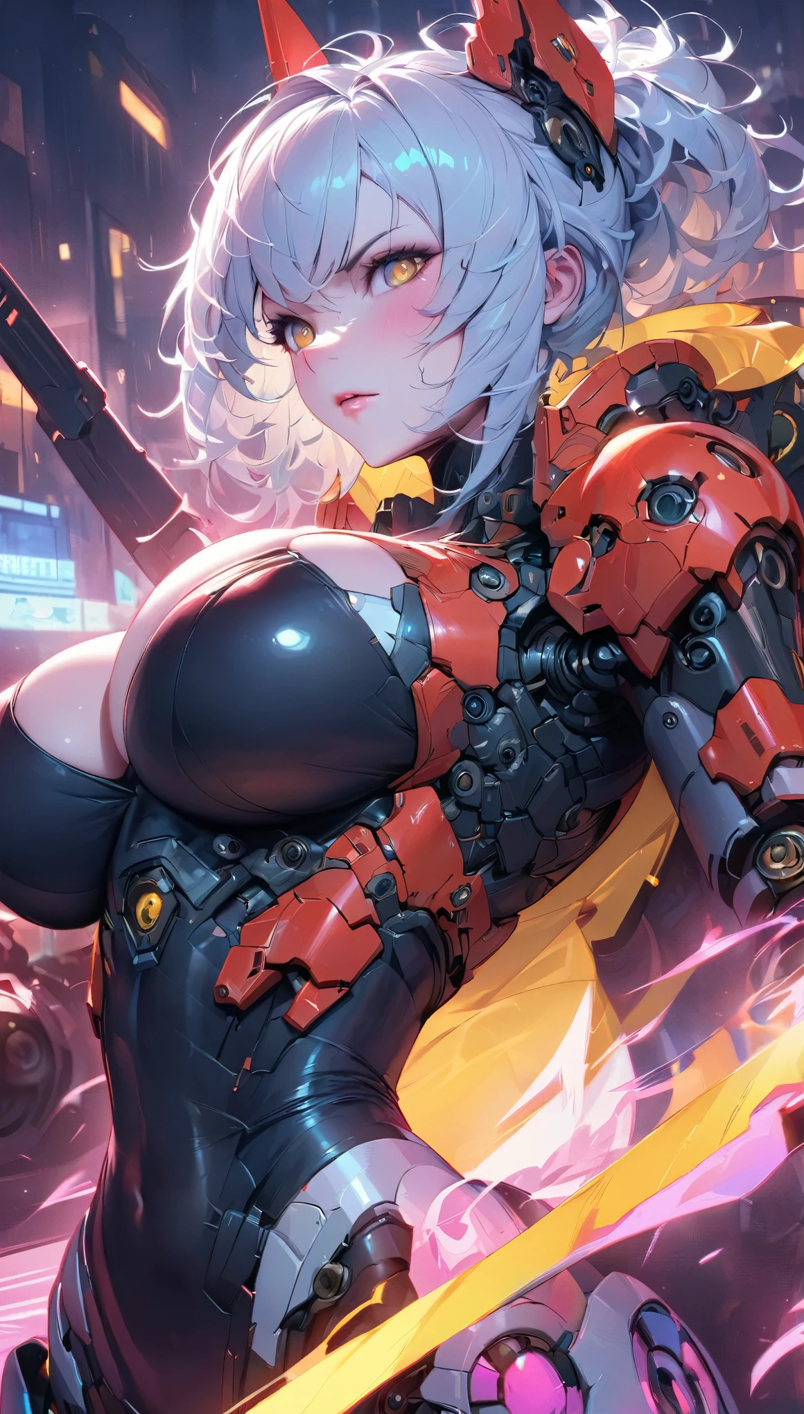 best quality,4k,8k, highres, masterpiece:1.2), extremely detailed eyes, extremely detailed body, (large masterpiece digital art), (detailed manga illustration), (detailed line art), ((perfect anatomy)), (intricate details:1.3), (ultra-detailed:1.3), (illustration:1.3), (sharp focus:1.3), (natural lighting:1.05), (vivid colors:1.3), (masterpiece), (best quality:1.4), (perfect anatomy:1.4), high quality, expressive eyes, full body, tall girl, detailed face, beautiful face, perfect face, breasts, cleavage, gloves, huge breasts, cyberpunk, (black armor), short hair, ((pale skin)), messy hair, detailed (dark blue hair), honeydew hair, multicolored hair, detailed eyes, (amber eyes), hourglass physique, mecha musume, fortified suit, mechanical parts, headgear, robot joints, bodysuit, deva battle suit, gloves, thick thighs, toned, emblem, superhero, dynamic lighting, 4k resolution, dynamic pose, weapon, energy weapon portrait, Jeff Bridges, ((cartoon style)), Marvel Cinematic Universe style, (((sci-fi city in the background))), soft bokeh of futuristic city, Atey Ghailan, Jeremy Mann, Greg Manchess, Antonio Moro, trend in ArtStation, trend in CGSociety, Intricate, High Detail, Sharp focus, dramatic and photorealistic painting art by Midjourney and Greg Rutkowski, bokeh in the background