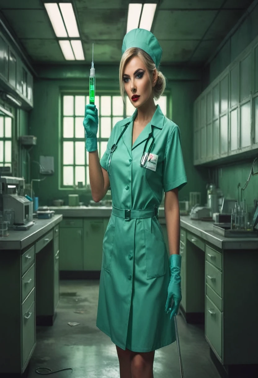 photo realistic ,high detailed,16K,about nurse, holding a syringe, wearing laboratory outfit, with high heels,in the mix dark and green, abondoned futuristic lab background,spooky but funny atmosphere