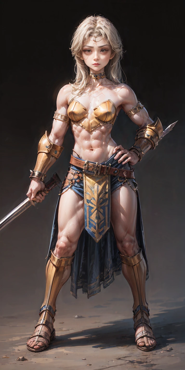 Subject: 1 Solo Female Gladiator Pose: Full body, whole body Standing tall, hands on hips (conveying confidence) Feet together, conveying a strong stance View from slightly below, emphasizing her power Clothing and Armor: Loincloth (detailed and well-crafted, showcasing her warrior status) Metal sandals, sturdy and battle-worn Leather choker, adorned with a gladiator emblem or small spikes (optional) Big belt, holding additional weapons or pouches (optional) Bracers on forearms, for protection Jewelry: Tiara (can be simple and battle-ready, or adorned with feathers or gladiator symbols) Additional Details: Strong, defined muscles Determined expression on her face Optional: scars or other battle marks that tell a story of her victories