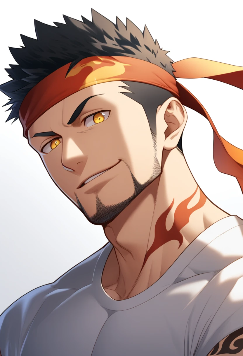 anime characters:Gyee, priapus, ung muscular man, male focus, Flame tattoo, sports Red headband, Creamy white spandex tight T-shirt, muscular male, muscular, only, Upper body, alone, Black short hair, stubble, Yellow eyes, White background, simple background, amazing quality, best aesthetics, Ridiculous, bright pupils, crew cut, naughty face, torogao, parted lips, best quality