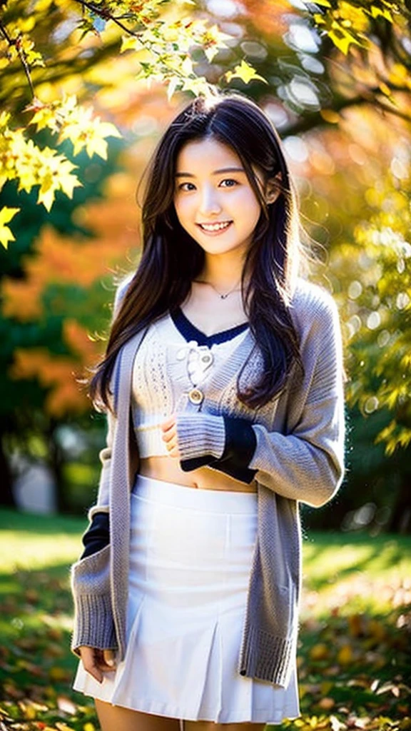 (Highest quality:1.5), (Real:1.4), (Ultra high definition:1.4), (No correction:1.4), (Skinny 18 year old girl), (1 Japanese very thin girl with flat chest in eighteen years old), (very thin body), skinny face, (Beautiful skin), (Knitted cardigans), (White blouse), (Long skirt), (girl is wearing knitted cardigan over a white blouse and long skirt), (very thin girl is standing in the autumn park), (18yo very thin girl is standing in the autumn park), (front view of a flat chest girl), (Autumn park), (Upper Body), (smile), (Turn your body forward), (flat chest), (very thin)