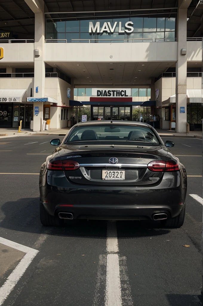 a car in a deserted mall parking lot