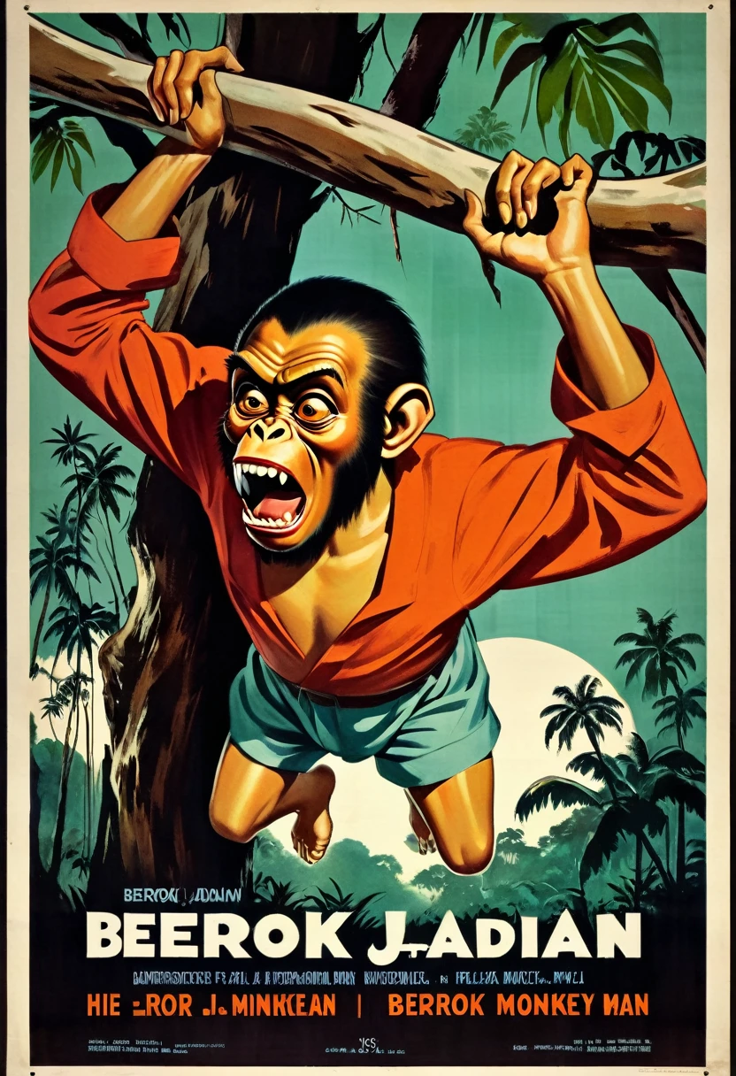 vintage film poster illustration. A vintage movie poster of horror film in 1950's style, title "Berok Jadian" . featuring retro style with a black border around all edges. a Malay man, body of a human but head of a monkey, fierce, eerie, ugly, long scary fang. he is hanging upside down on big tree branch.