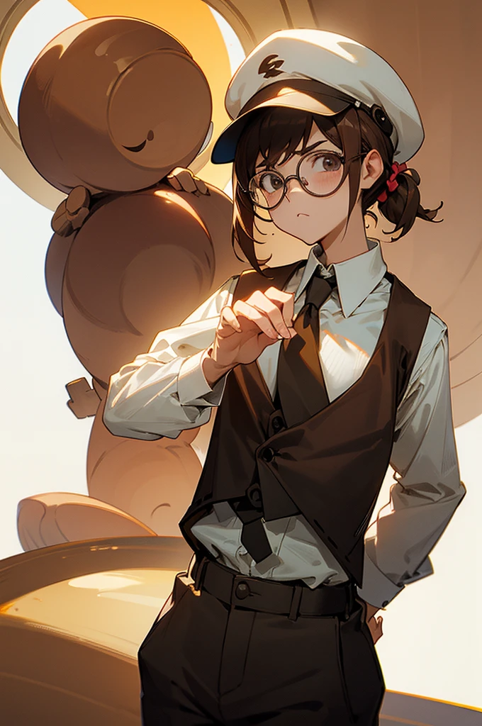 germi thread, posing, coffee cap, Brown vest, White shirt, round glasses, serious look, hands behind your back