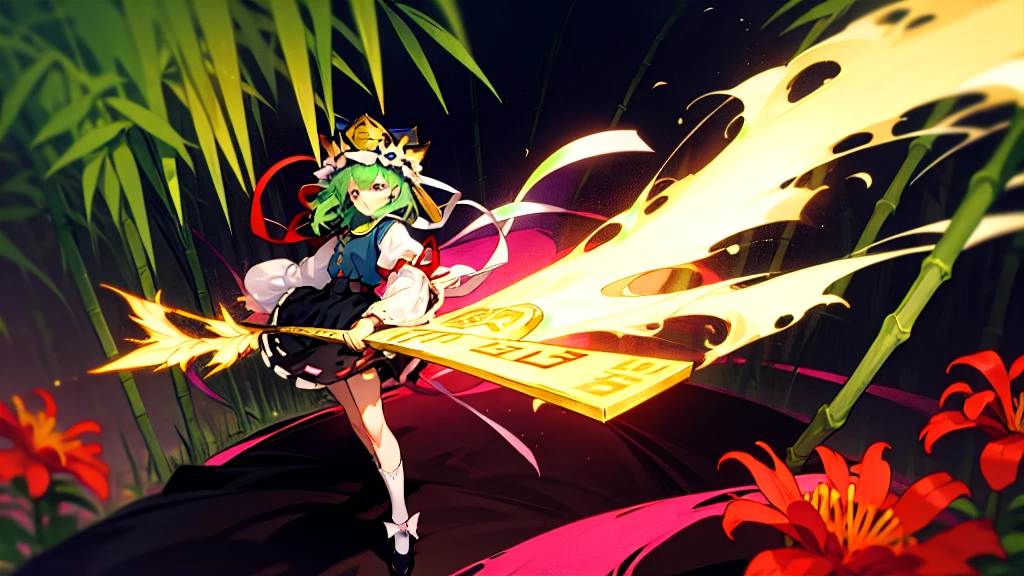 a pink haired woman is standing on a branch Holding a gold key, One girl, bamboo, alone, shiki eiki, rod of remorse, Have, skirt, Knee socks, Green Hair, Black footwear, Frills, Long sleeve, View your viewers, white Knee socks, ribbon, white ribbon, Green Eyes, shirt, black skirt, Best, white shirt, shoes, Holding,Red spider lily, frilled Have, chest, Clear Face