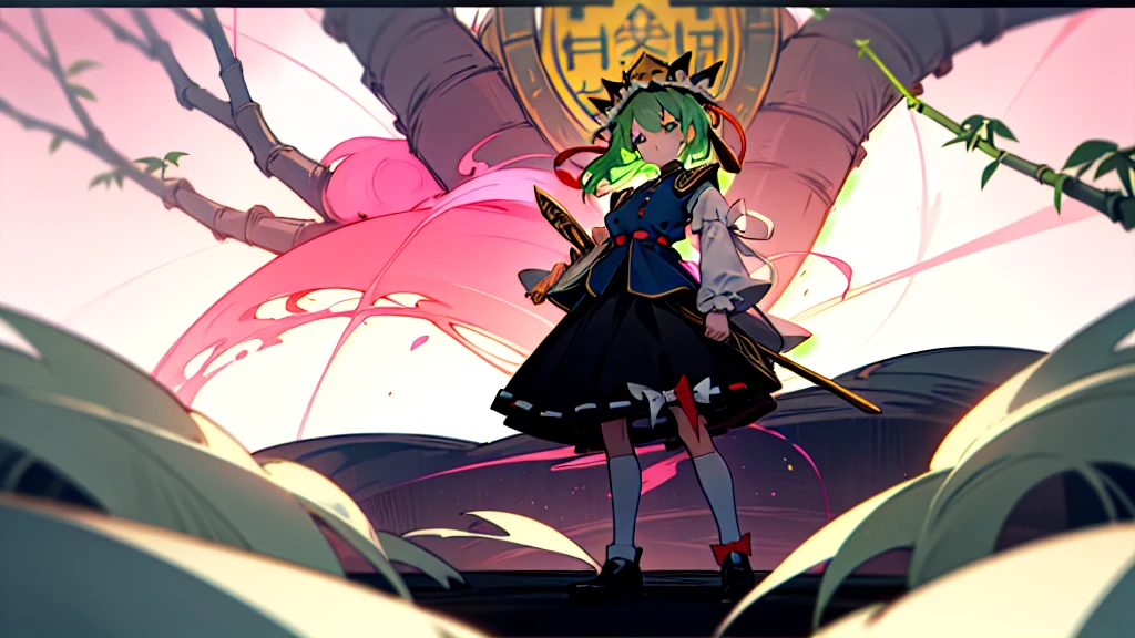 a pink haired woman is standing on a branch Holding a gold key, One girl, bamboo, alone, shiki eiki, rod of remorse, Have, skirt, Knee socks, Green Hair, Black footwear, Frills, Long sleeve, View your viewers, white Knee socks, ribbon, white ribbon, Green Eyes, shirt, black skirt, Best, white shirt, shoes, Holding,Red spider lily, frilled Have, chest, Clear Face