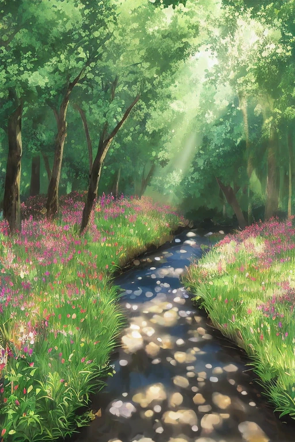 A secret meadow nestled between towering ancient trees. Sunlight filters through the leaves, casting dappled light on a carpet of wildflowers. A crystal-clear stream winds its way through the meadow, and a small, weathered wooden bridge spans it.
