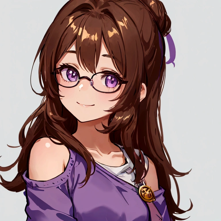 A young girl with glasses and short, flowing brown hair. She is wearing a purple shirt and white shorts. She is standing in front of a black background. Her hair is long and loose to her shoulders. She has brown eyes and red glasses. She has a thin, friendly smile.