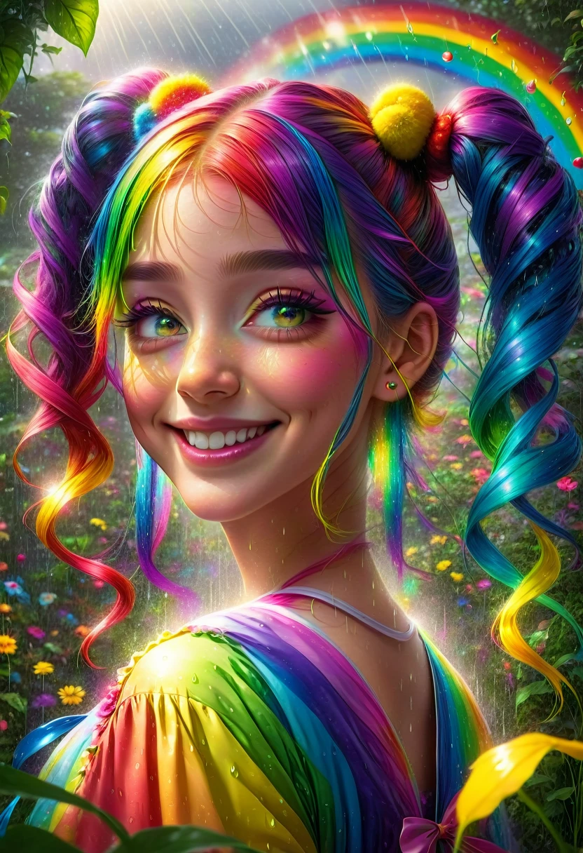 1 girl、Long rainbow colored pigtails:1.9、A smiley face with a hint of madness、face is distorted、In a magical rainy garden、(Dance wildly:1.4)Beautiful Magical Girl、Shining morning sunlight、Low Angle Shots:1.75、Close up of a girl、Very detailed、complicated、Photorealistic、8K、HDR、Cinematic lighting、Bright colors、Soft and dreamy