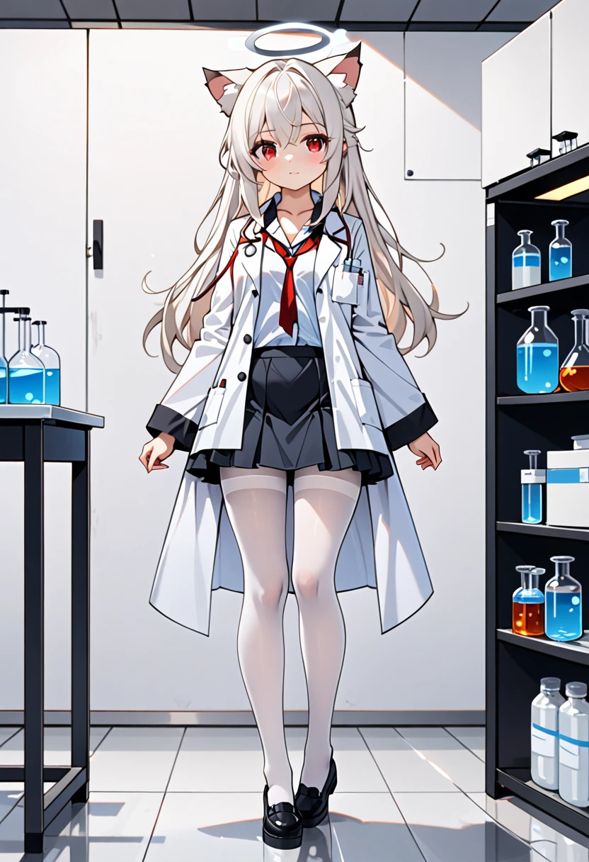 masterpiece, highest quality, highest resolution, clear_image, detailed details, White hair, long hair, cat ears, 1 girl, red eyes, white lab coat (with a black short skirt), white pantyhose, white scarf (around the neck), gray halo, cute, full body, no water marks, laboratory, no extra limps, no extra bod