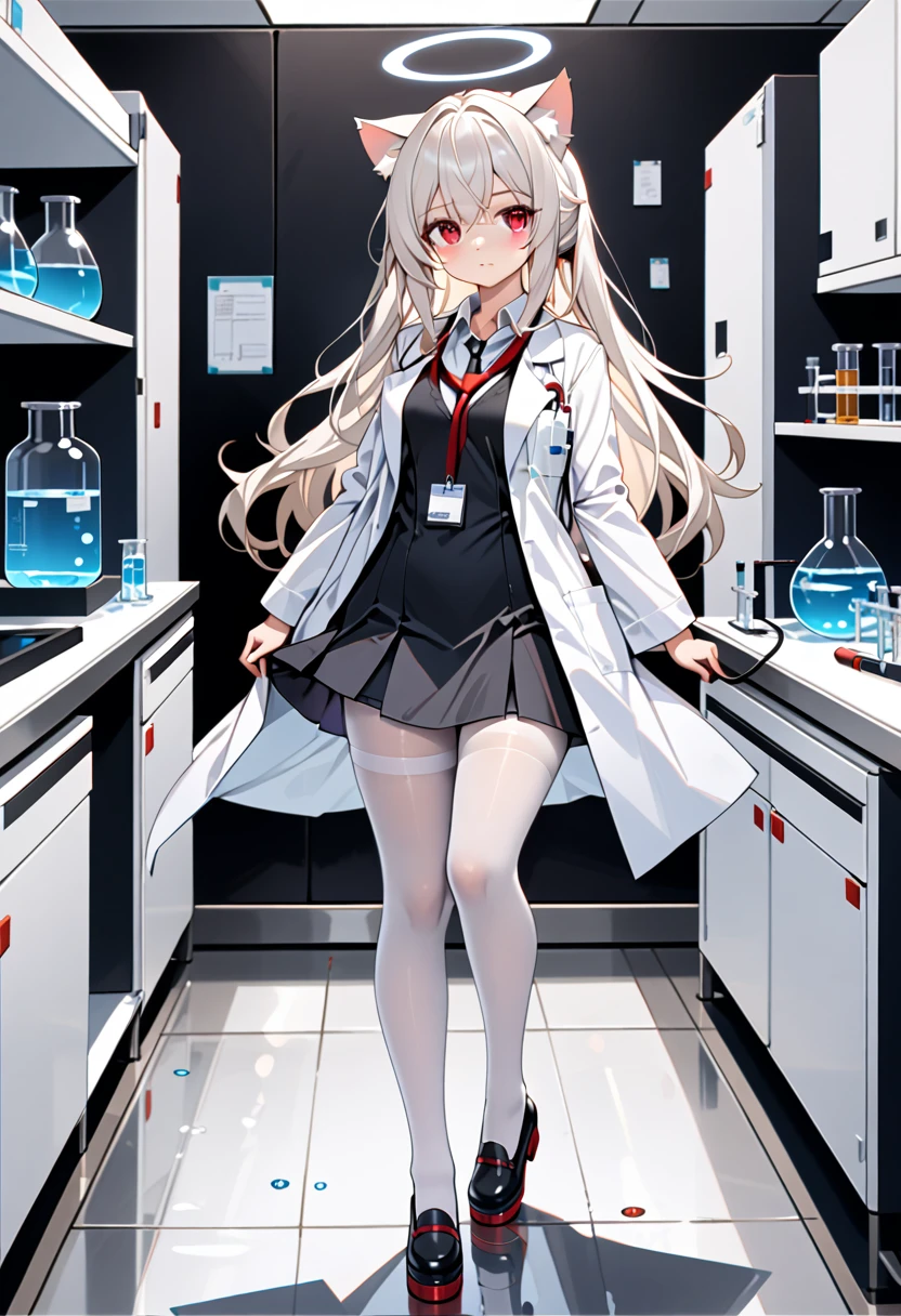 masterpiece, highest quality, highest resolution, clear_image, detailed details, White hair, long hair, cat ears, 1 girl, red eyes, white lab coat (with a black short skirt), white pantyhose, white scarf (around the neck), gray halo, cute, full body, no water marks, laboratory, no extra limps, no extra bod
