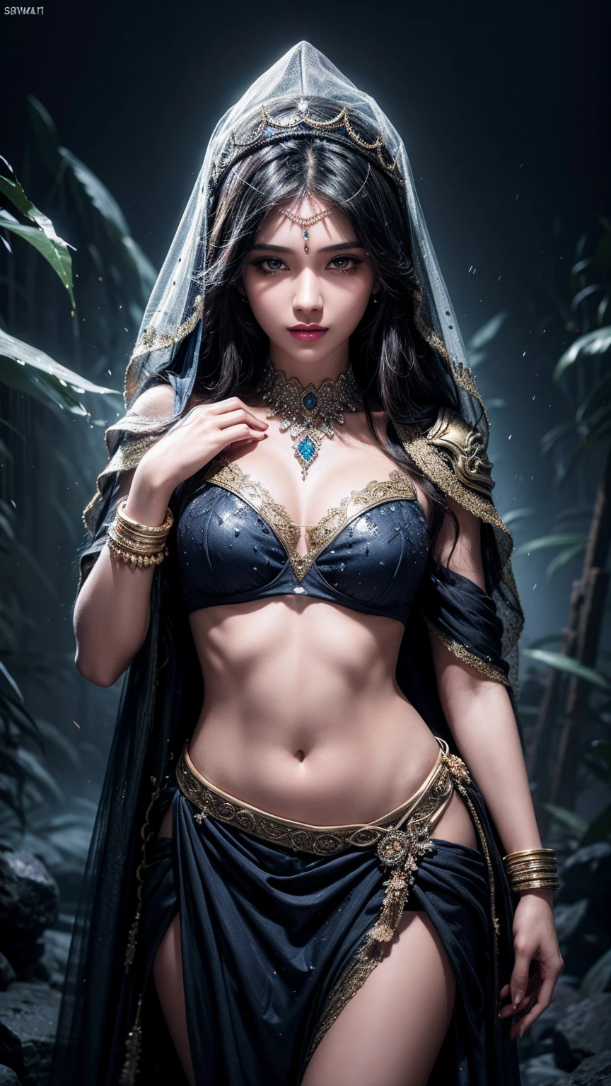 a very high resolution image of an Egyptian goddess and a mummy. The image was created in photo realism style, highly detailed and textured, and shows a beautiful Egyptian queen wearing almost transparent silk clothes, which leave her entire beautiful tattooed body prominently visible. A terrifying mummy stands next to you, highly detailed, with a haunting reality of a cadaverous body, rich in details, wrapped in time-worn bandages. The high detail of the image with soft and romantic shading, cinematic lighting, leaves the image with a perfect composition. This captivating scene is captured in stunning high-tech digital art, where every pixel conveys a sense of surreal, otherworldly beauty. The colors are vibrant, electric and pulsating, bringing the mythological figures to life with fascinating details, with lots of lust and sin. In the lower left corner, the image is signed by "RAM Rock Arte e Midia"