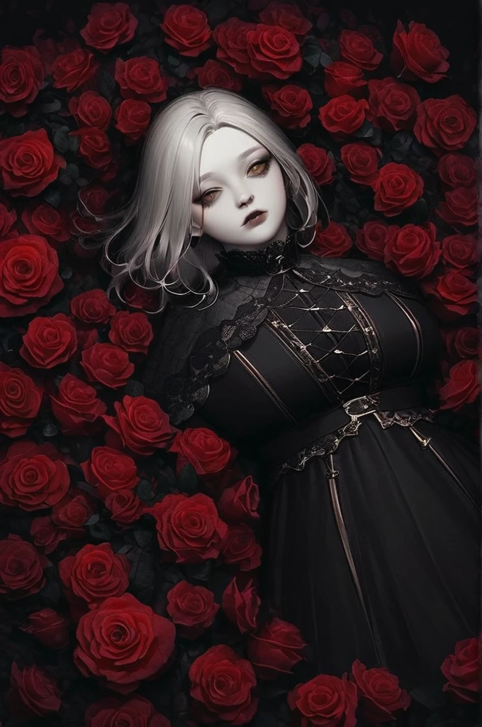 ((Лучшее качество)), ((шедевр)), (подробный), elf, vampire, black medium hair, gothic clothes, gothic, yellow eyes, blank stare, tall, medium hair, short bangs, pale skin, gothic style, blood, background of many bloody roses, lies in roses, bloody background, gothic aesthetics, plump lips