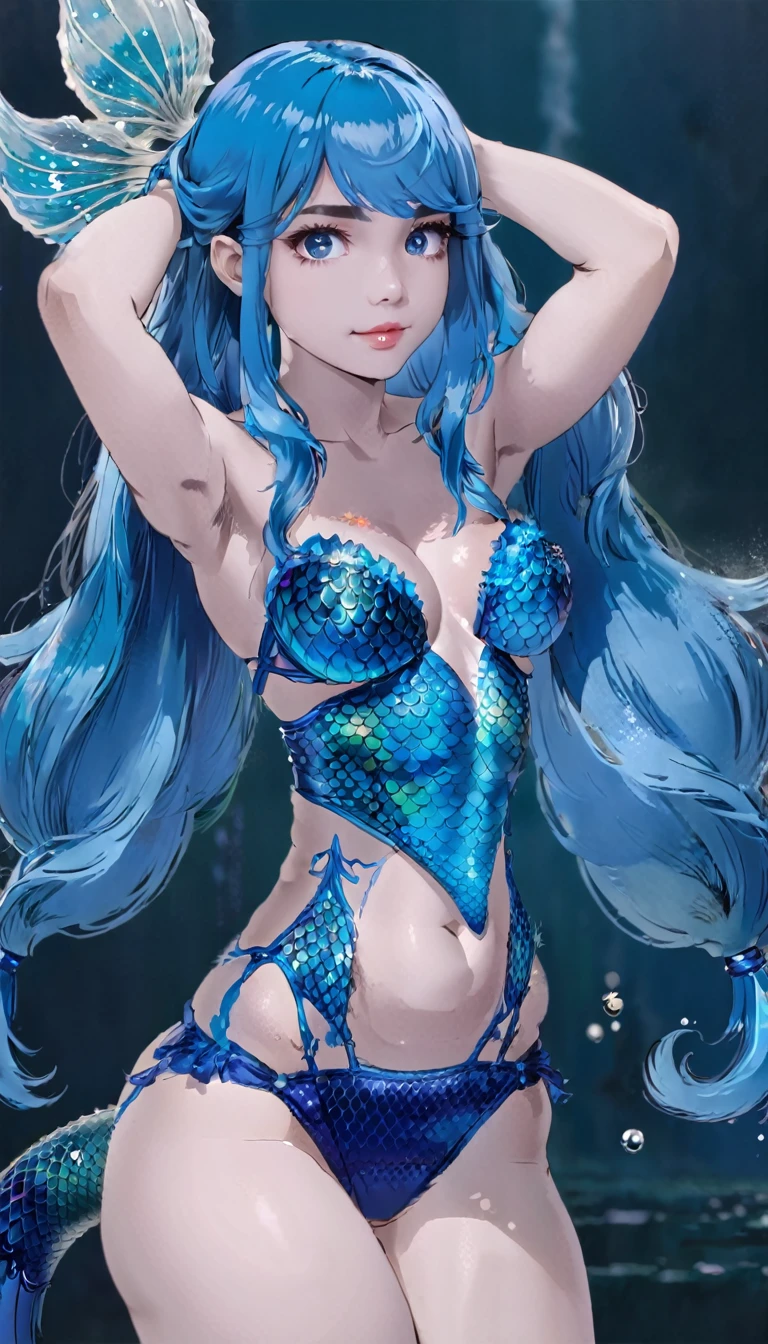 fancy , half mermaid , blue hairs