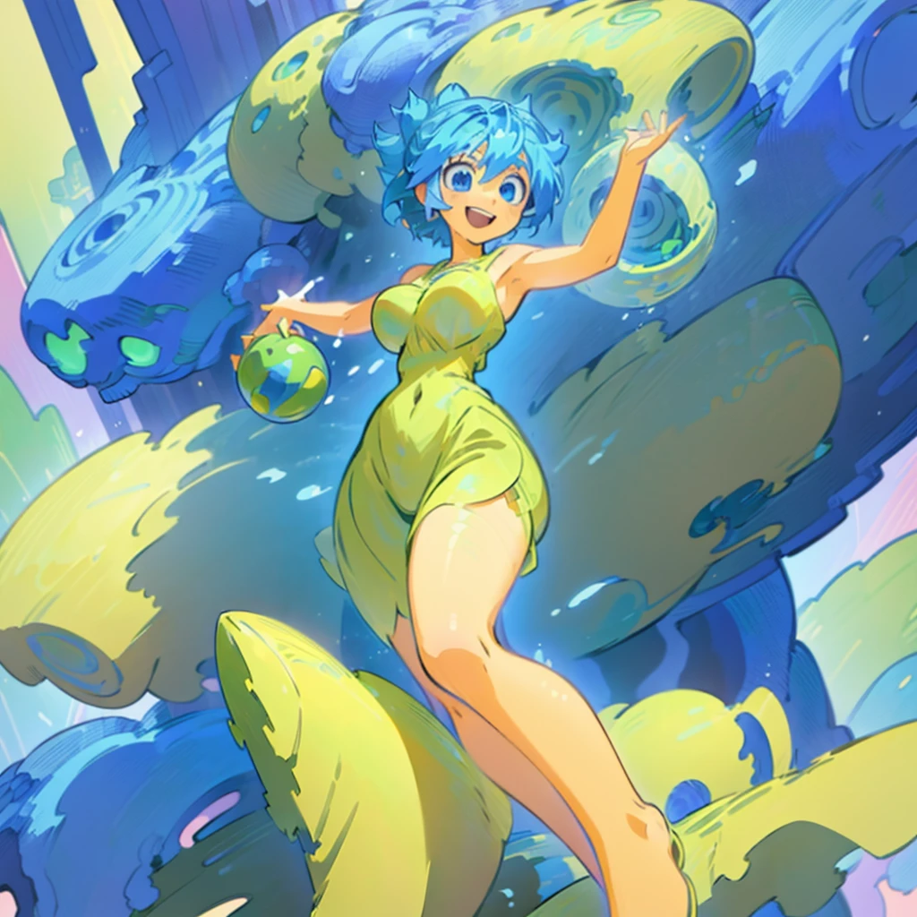 (masterpiece), ((perfect anatomy)), (high Res), (4k), joy, blue eyes, blue hair, yellow skin, huge breast, wide hips, (((green dress))), happy, (((anime artstyle))), (((solo))), narrow waist